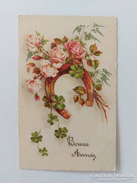 Régi újévi képeslap 1934 levelezőlap rózsa lóhere patkó