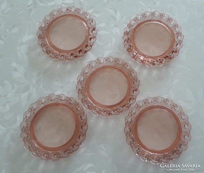 Régi üvegtányér rózsaszín desszertes kis tányér 5 db