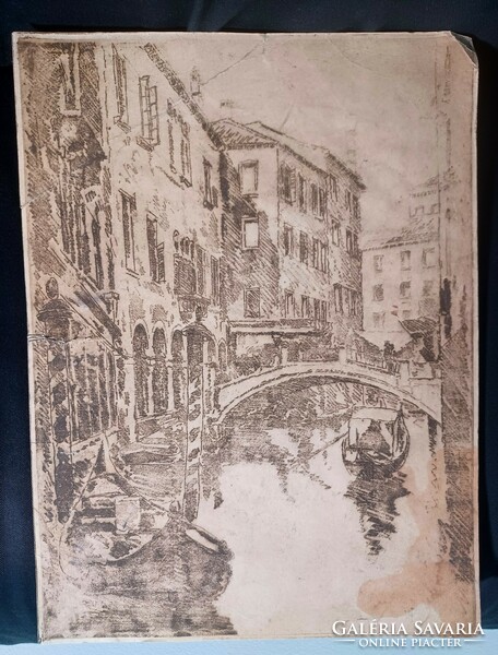 Venetian gondola - old etching, cityscape (33x24.5 cm)