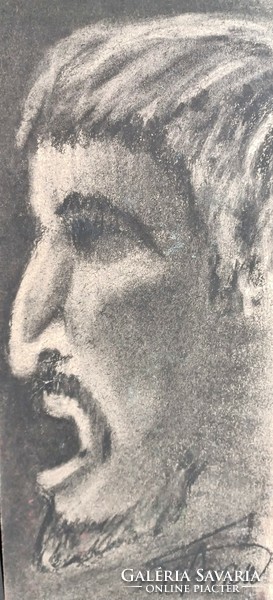 Portrait of a roaring man - signed charcoal drawing (full size 43x26 cm)