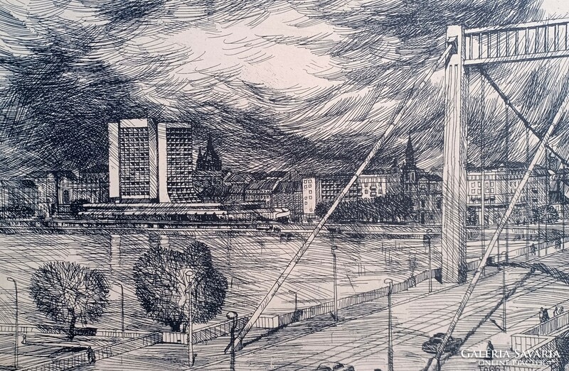 Tamás Ervin: Elizabeth Bridge, Budapest - 1966 (etching, 30x21 cm)
