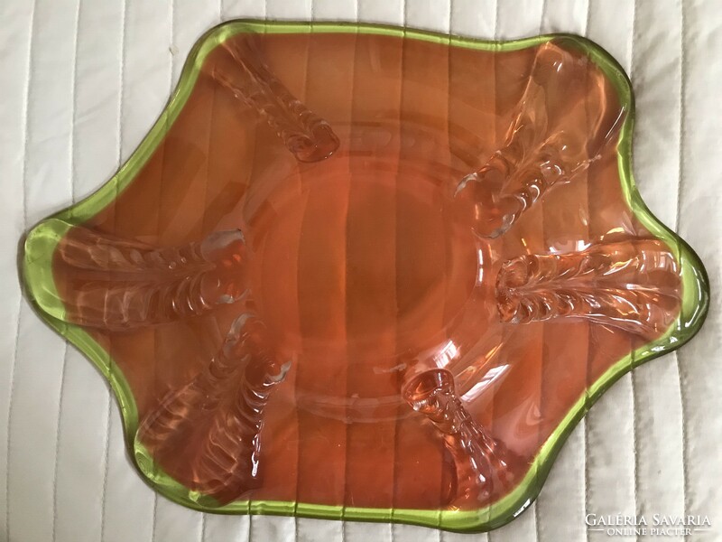 Orange glass bowl with green border, 36 x 26 cm