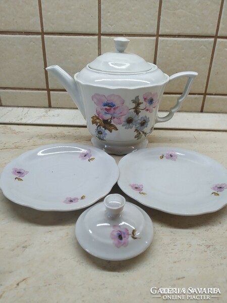 Zsolnay porcelain coffee set for sale! Pitcher with peach blossom, 2 small plates for sale!