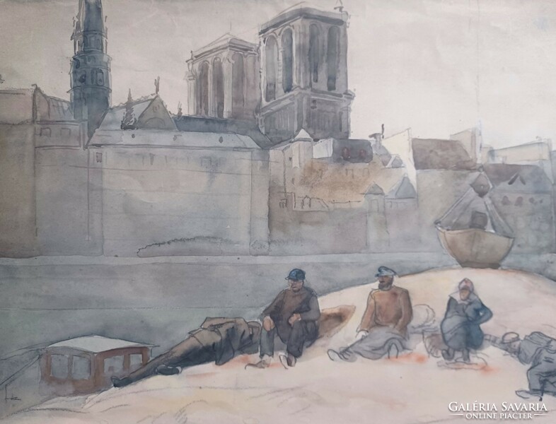 Pihenő munkások Párizsban, háttérben a Notre Dame - akvarell (35x26 cm)