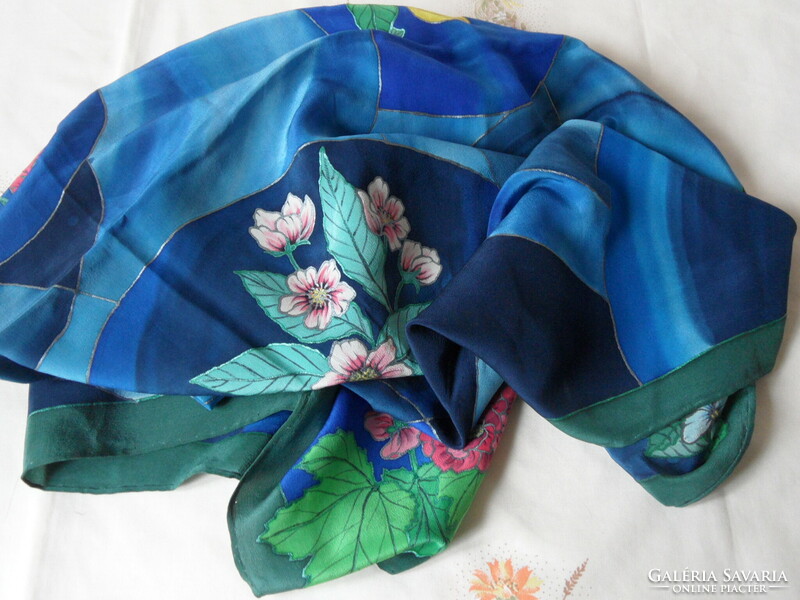 Hand-painted marked silk women's shawl, scarf (90 cm x 87 cm)