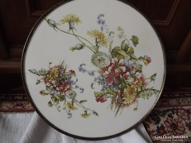 Beautiful tray with antique porcelain faience insert 30 cm