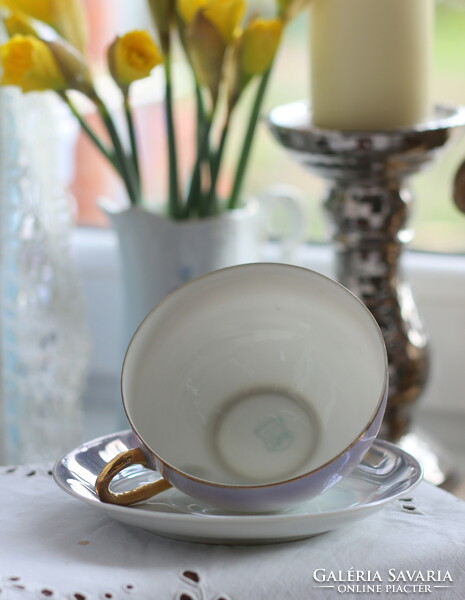 Eigl Austria tojáshéj porcelán, kék szín, finoman irrizáló, aranyozott teás szett