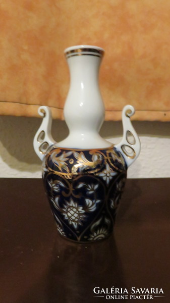 Hollóházi kék-arany barokk mini váza 13 cm.