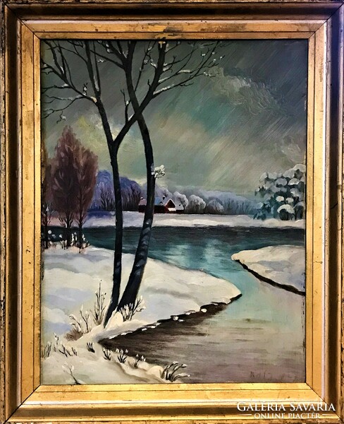 Oil-on-wood painting of a winter landscape with a house in an old wooden frame
