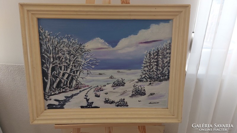 (K) beautiful signed winter landscape painting with frame 70x53 cm