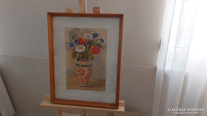 (K) Szép szignózott virágcsendélet festmény 41x53 cm kerettel