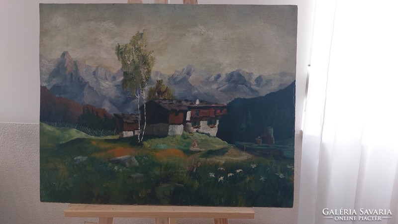 (K) Szignózott hegyvidék házzal festmény 55x70 cm