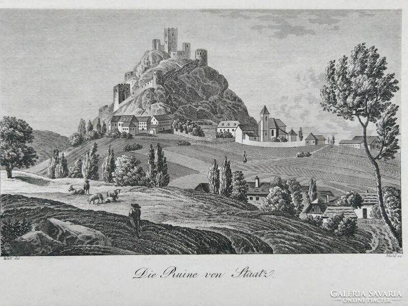 Ruins of Staatz. Original woodcut ca. 1843