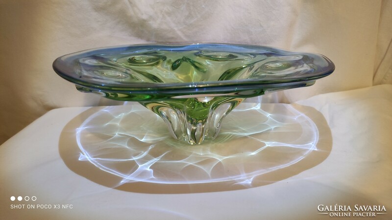 Gorgeous heavy weight large size Czech glass table centerpiece offering green blue combination