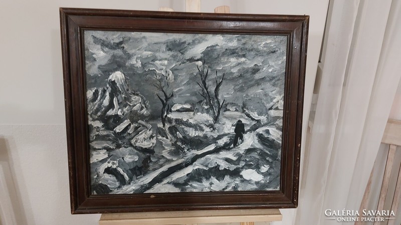 (K) Szürke téli tájkép festmény 62x55 cm kerettel.