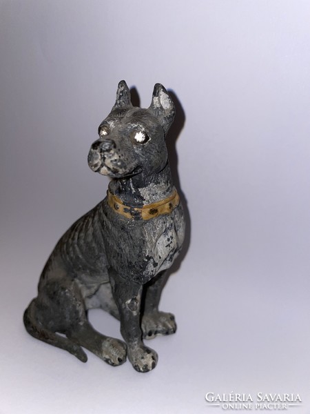 Rarity! Pewter dog statue 19th century with 2 old polished diamond eyes