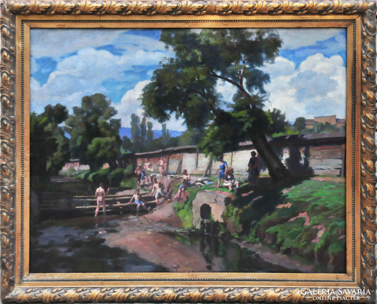 Mátyás Vitéz (1891-1978): children bathing in a stream