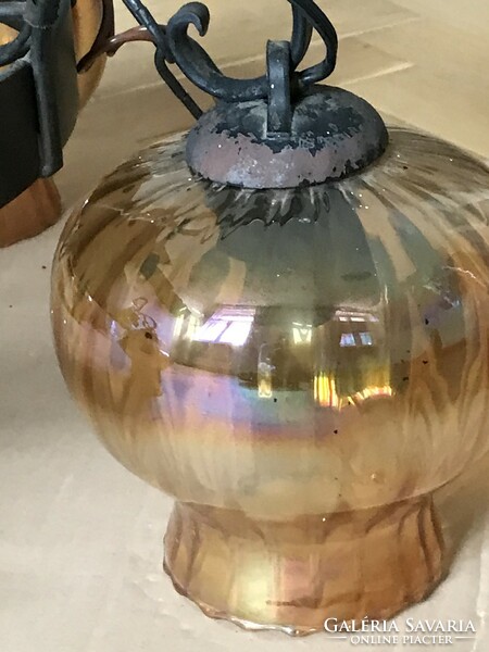 Retro wrought iron chandelier with iridescent glass shades, diameter 67 cm