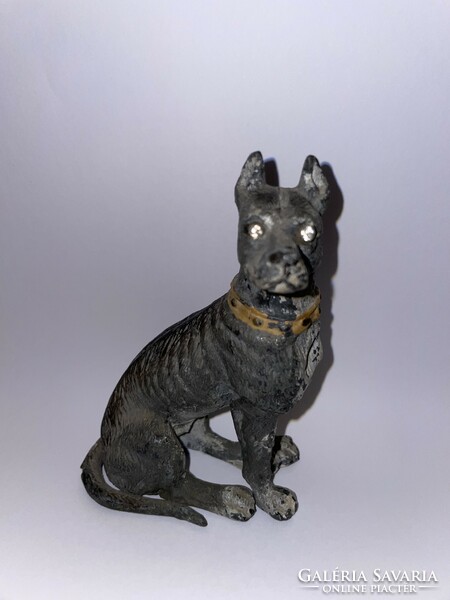 Rarity! Pewter dog statue 19th century with 2 old polished diamond eyes