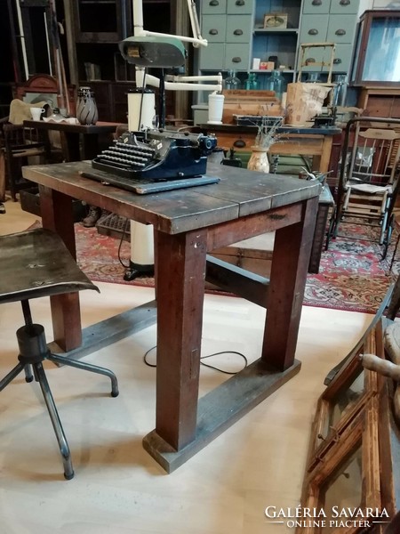Industrial style desk, mid-20th century hardwood work table converted into a desk, industrial