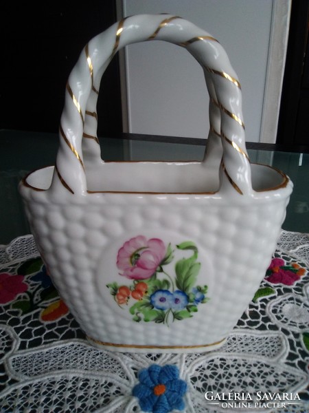 Antique basket from Herend with gilded handles, porcelain body with a basket pattern.