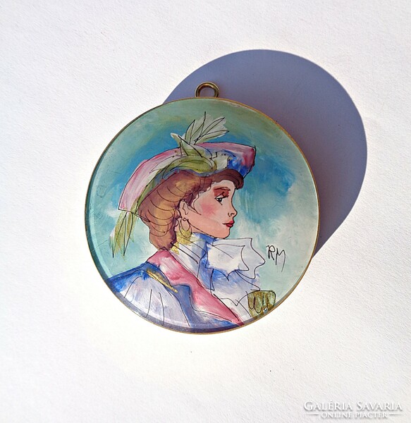 Marked colorful female portrait pendant