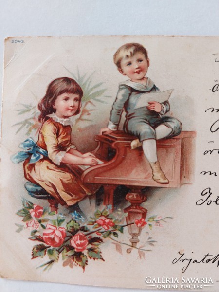 Régi képeslap levelezőlap gyerekek zongora rózsa