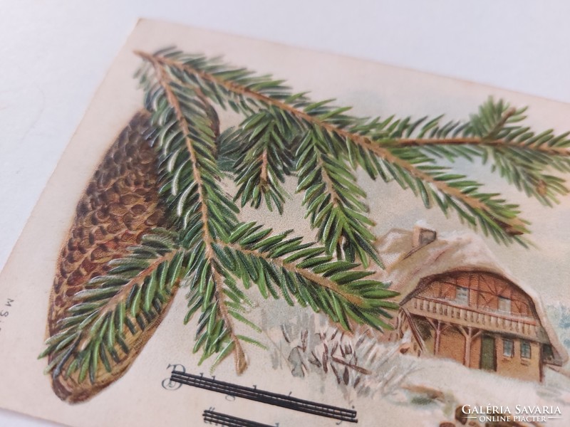 Old Christmas postcard 1906 embossed postcard with cone pine branch
