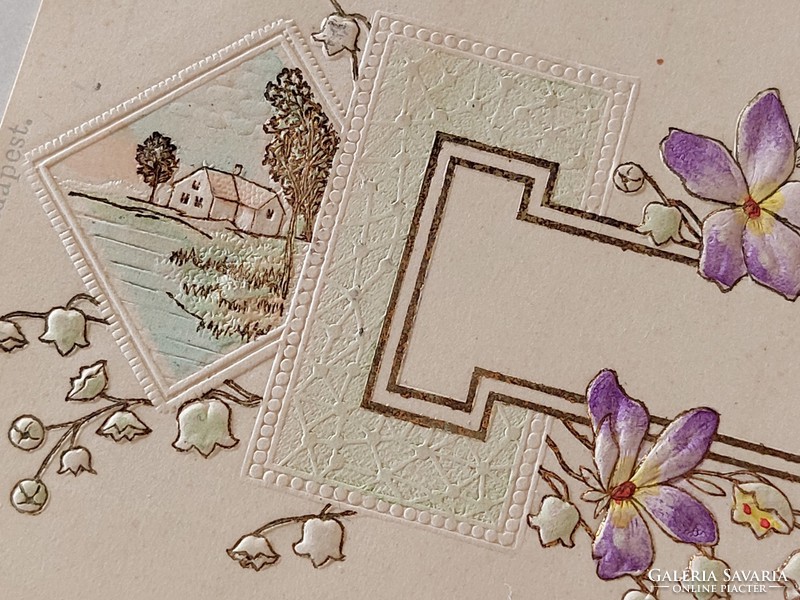 Régi képeslap 1900 dombornyomott levelezőlap tájkép virág