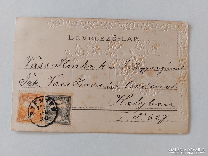 Régi képeslap 1900 dombornyomott levelezőlap selyem rátéttel hattyú nefelejcs