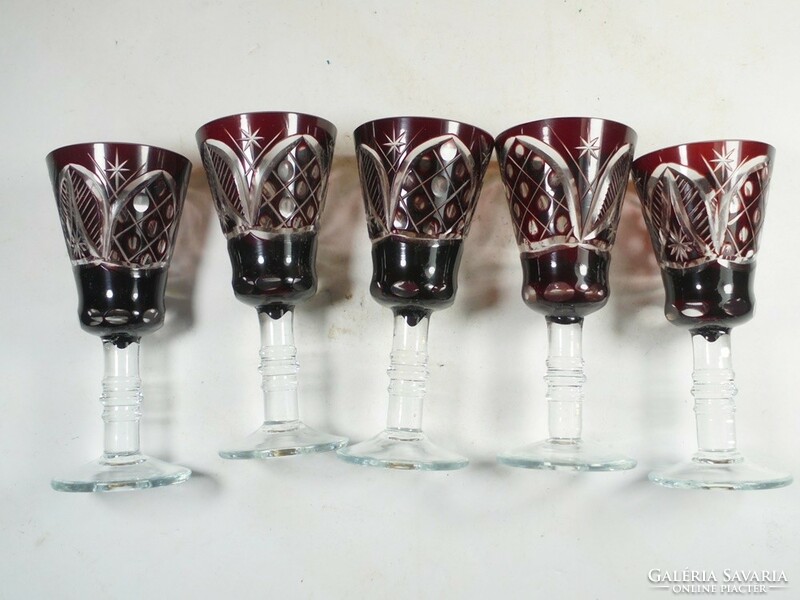 Old retro glass short drink set, 5 glasses with a polished pattern
