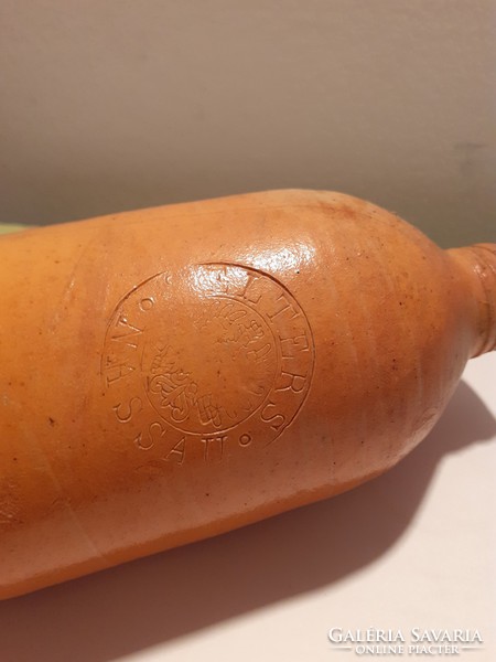 Régi cserép palack népi füles kerámia italos üveg vintage