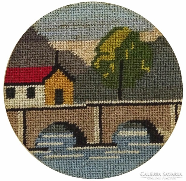 1M371 old needle tapestry: waterfront house with bridge