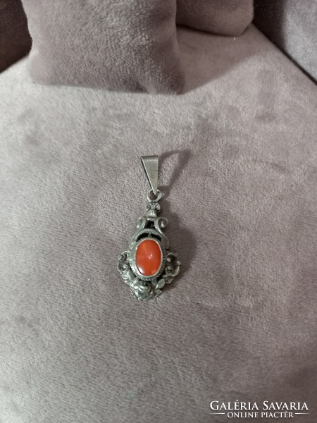 Antique Hungarian silver pendant with coral