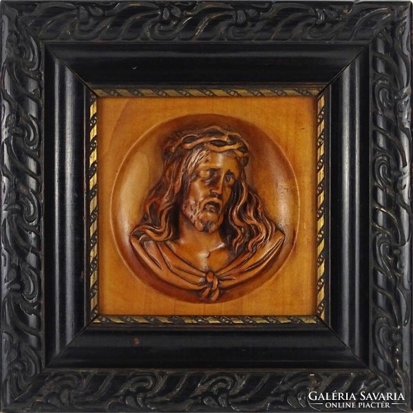 1M399 framed Jesus portrait wood carving 25.5 X 25.5 Cm
