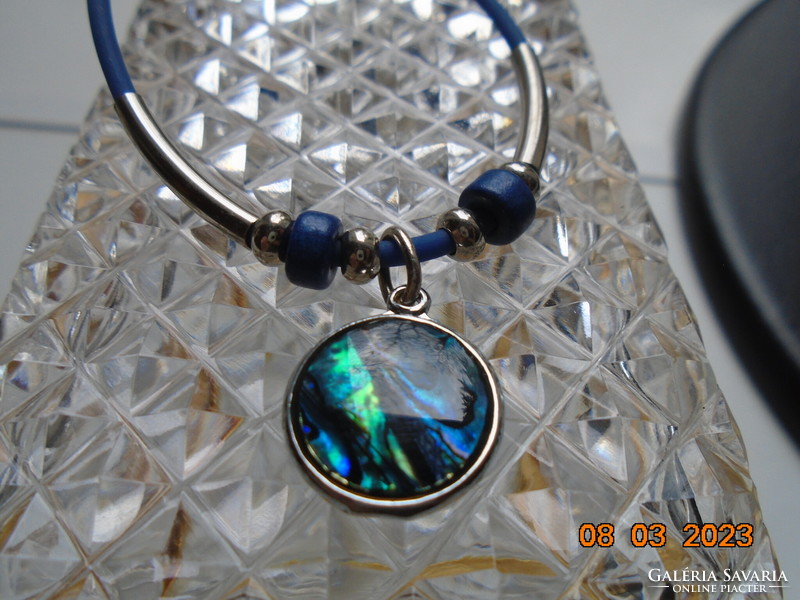 Abalone pendant on a blue rubber choker with silver-plated tube beads