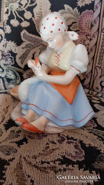 Zsolnay glazed porcelain, goose stuffing girl