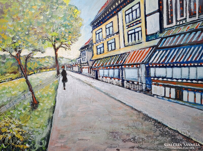 Colorful street scene - oil painting (30x40 cm)