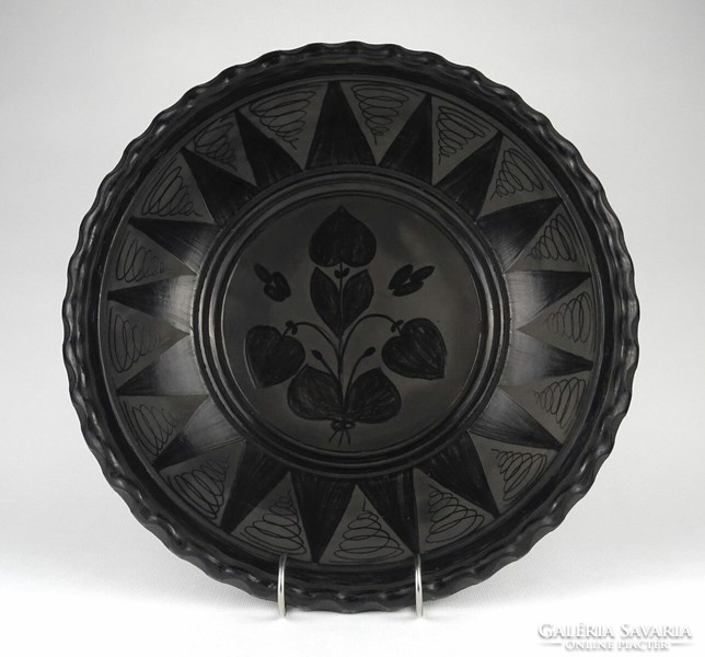 1M416 huge marked Karcagi black ceramic wall plate 35.5 Cm