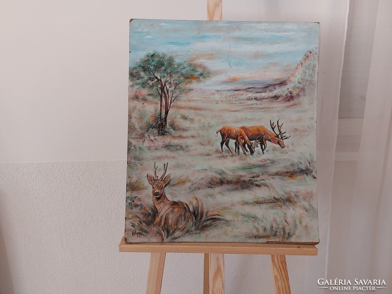 (K) landscape painting with valley sign deer, roe deer 50x59 cm damage photographed