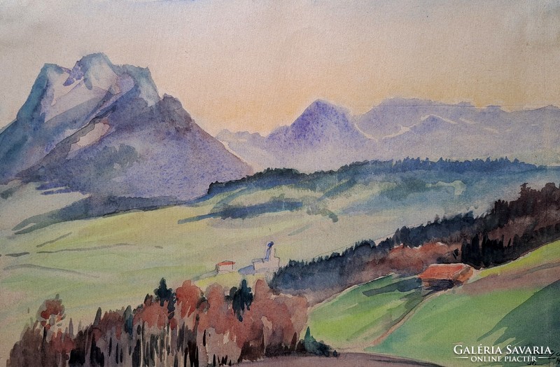 Tájkép hegyekkel - jelzett akvarell - panoráma kép