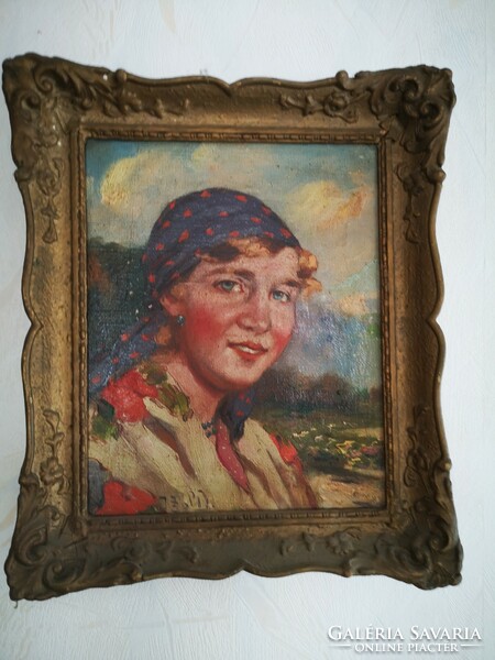 Antique portrait painting of a lady in folk dress with a good mood, beautifully painted painting. Zsolt Ivanácz