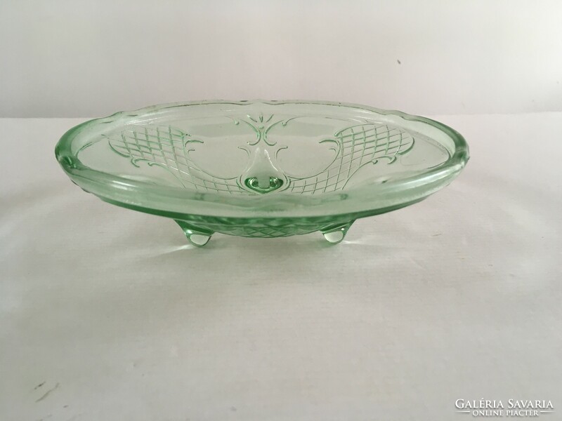 Vintage, régi talpas zöld üveg tál, kínáló, asztalközép
