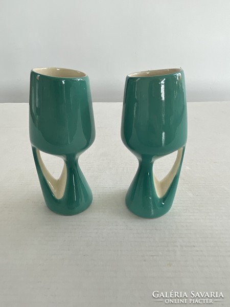 2 retro, old, vintage design cupped, half-glazed ceramic glasses