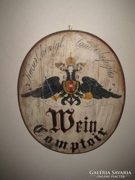 Régi osztrák bor nagy kereskedői cégér  ,  kézzel festett , ovális , fatábla  , 48 x 58 cm