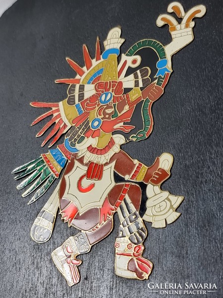 Ketzalkóatl - feathered snake in Aztec mythology god of knowledge and learning, brass enamel wooden plaque