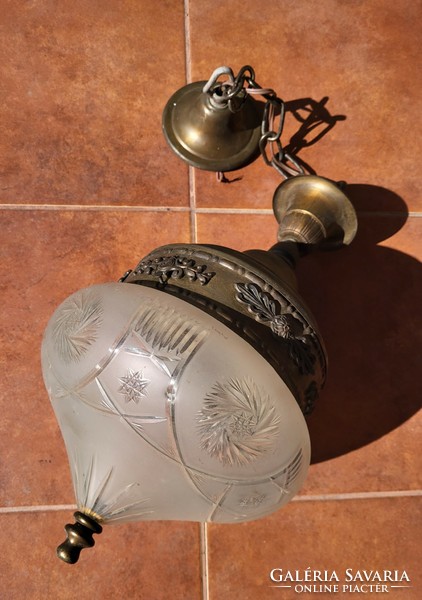 100 éves mennyezeti függő lámpa, réz csillár, eredeti csiszolt üveg búrával
