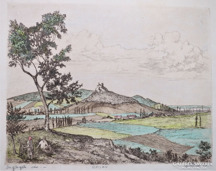 Béla Stettner (1928-1984): Szigliget Castle, Balaton Highlands, color etching, marked artist's copy