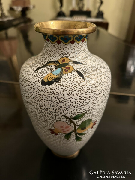 Chinese white compartment enameled copper vase
