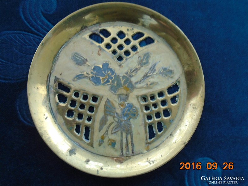 3 pieces enamel art nouveau floral, openwork solid copper bowl, coaster
